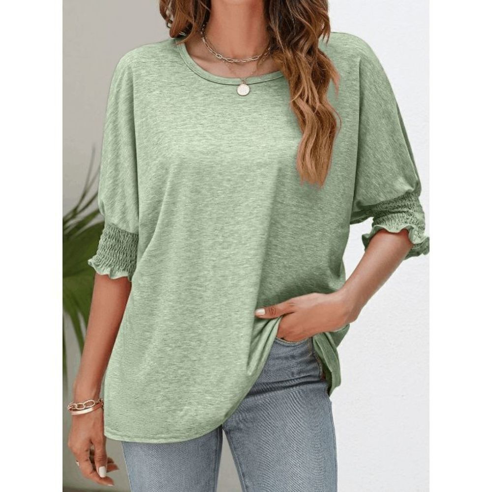Women's Smocked Flounce Sleeve Round Neck Top #2053-D5 - Picture 1 of 8